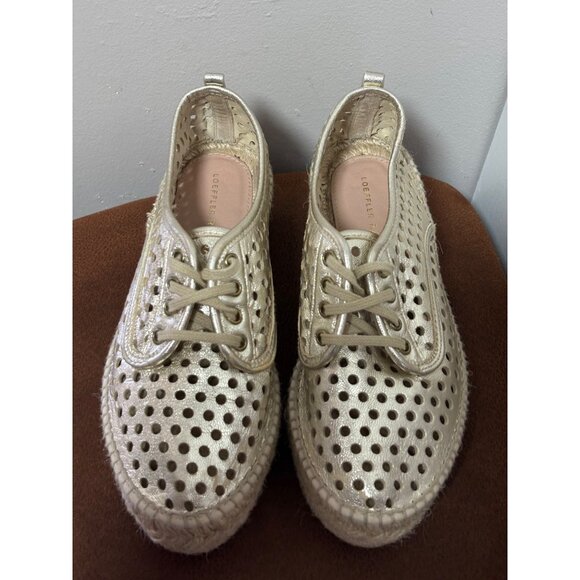 Loeffler Randall Gold Perforated Leather Platform Lace-Up Espadrille EU35 US 4.5 - Picture 3 of 9